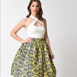 NWT Yellow & Blue Damask Swing Skirt with Pockets